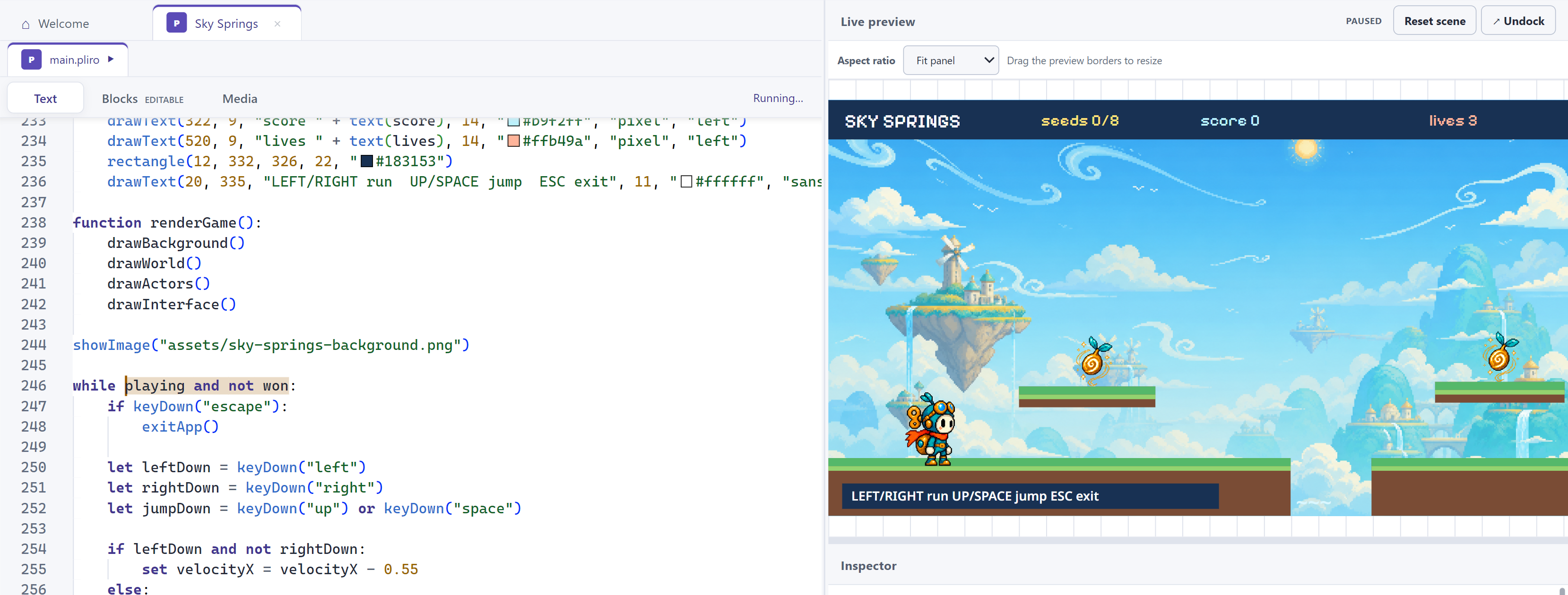 The Sky Springs platform game paused beside its Pliro source code