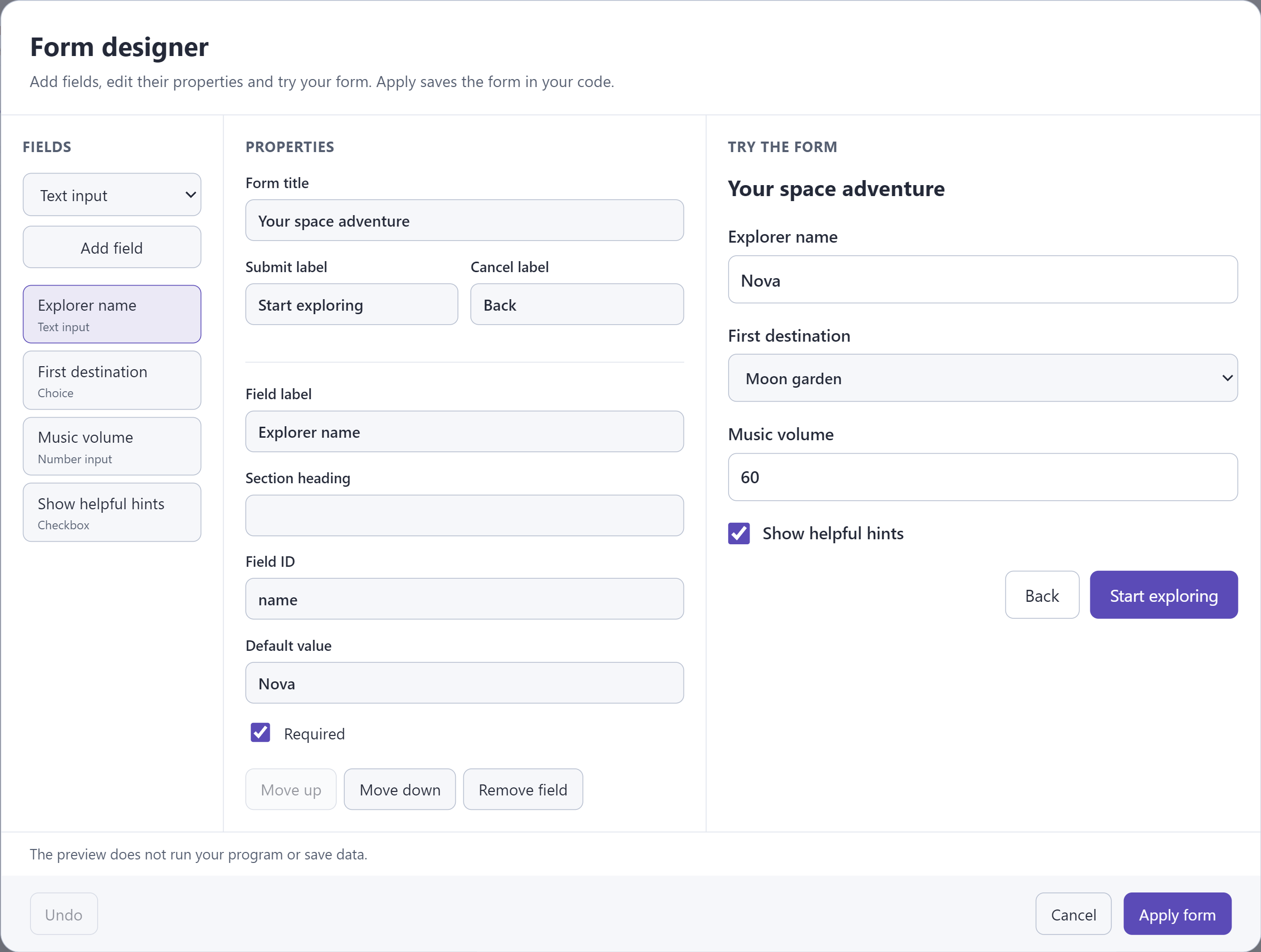 The Pliro form designer with fields, properties and a live preview