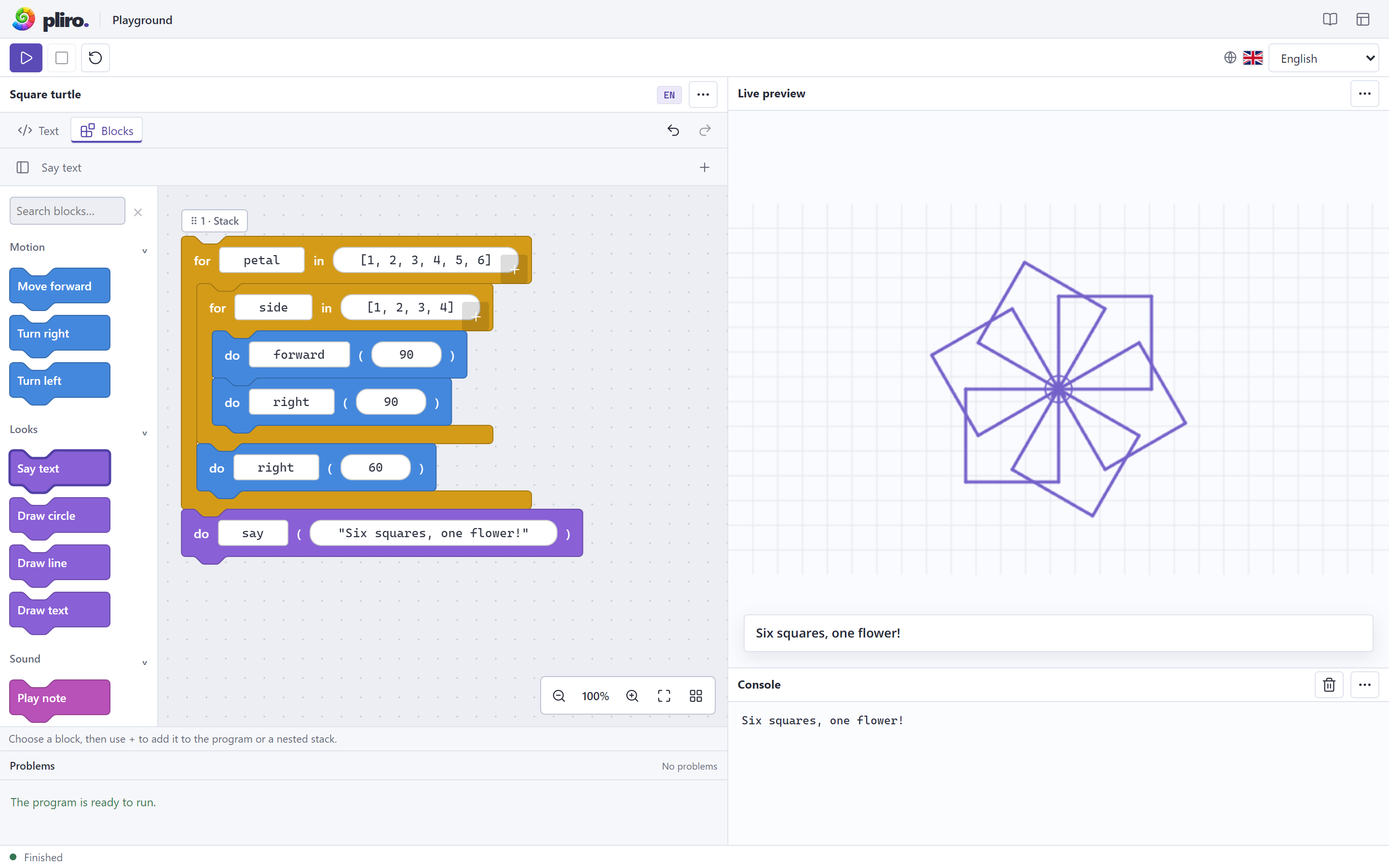 The Pliro browser playground with its Text and Blocks tabs, editable blocks and live preview
