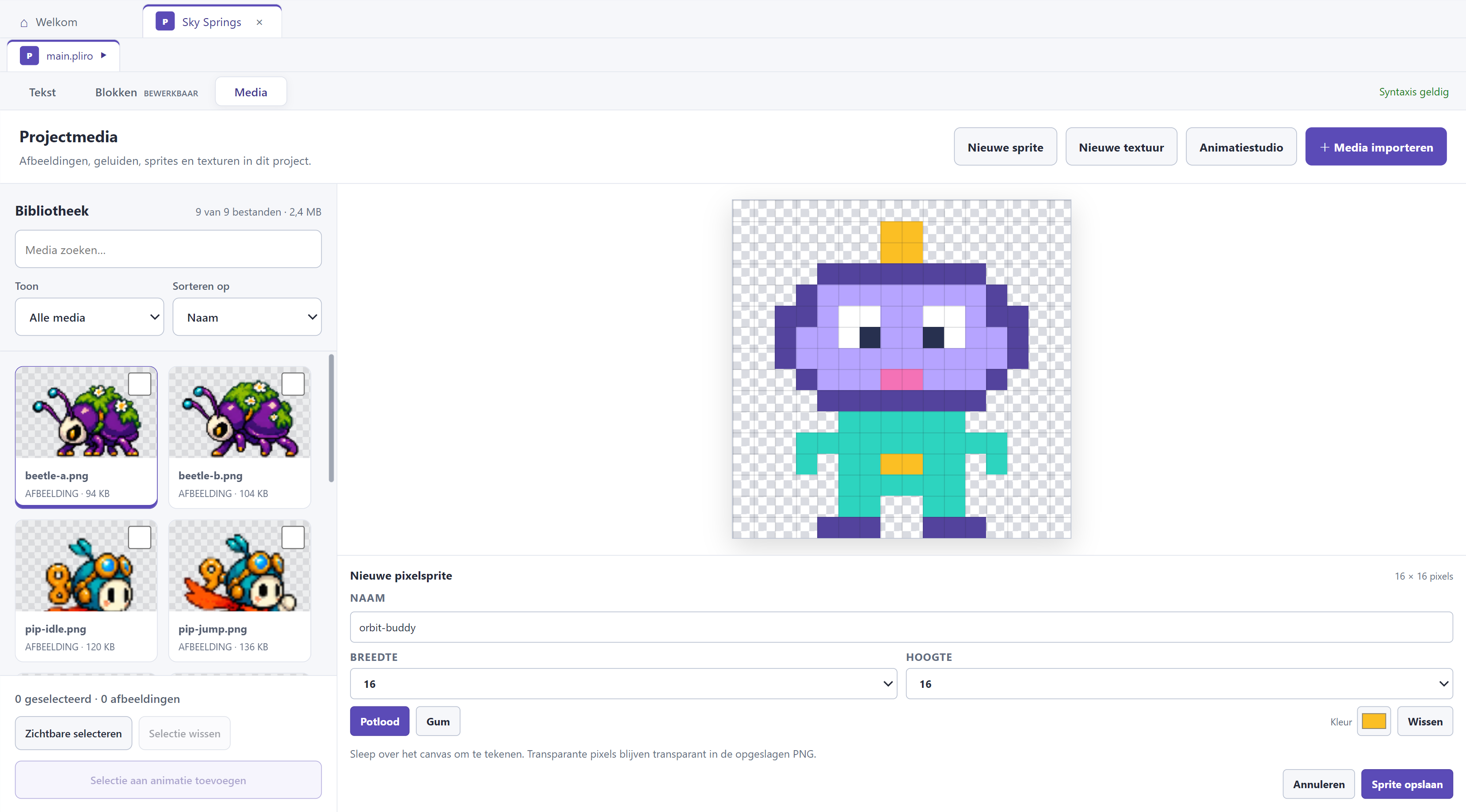 Een paarse en turquoise robot in de pixelsprite-editor van Pliro