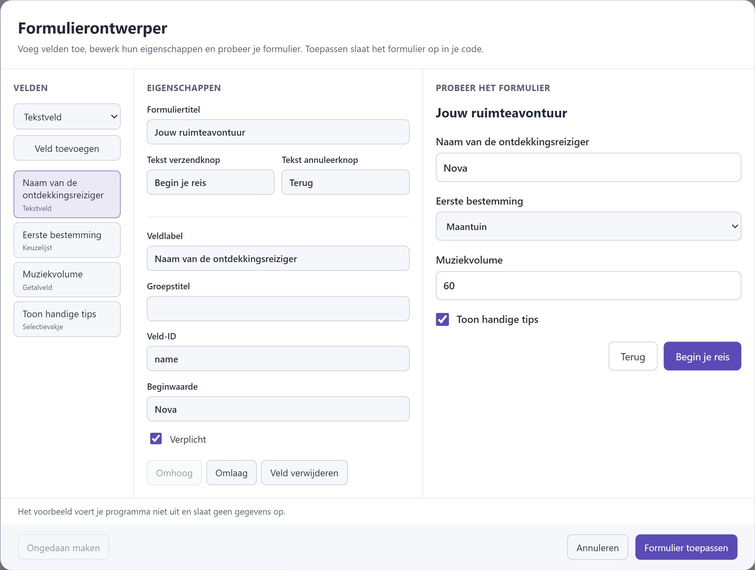 De Pliro-formulierontwerper met velden, eigenschappen en een livevoorbeeld